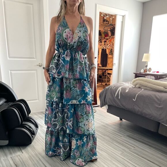 Onda De Mar Tiered Printed Sleeveless Maxi Dress.Size L - Picture 1 of 15